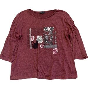 💜 Classic Editions Maroon Floral & Cat Tunic Top - Size XL